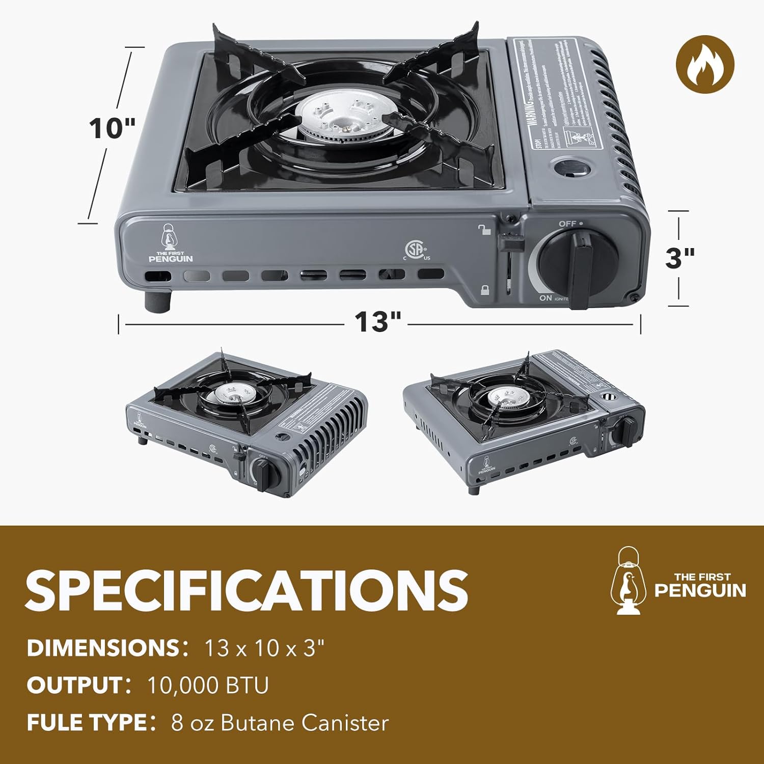 The First Penguin Portable Camping Stove - with Carrying Case 10,000 BTU Great for Emergency Preparedness Kit, High Power Butane Stove, Perfect for Camping, Hiking and Emergency-Grey
