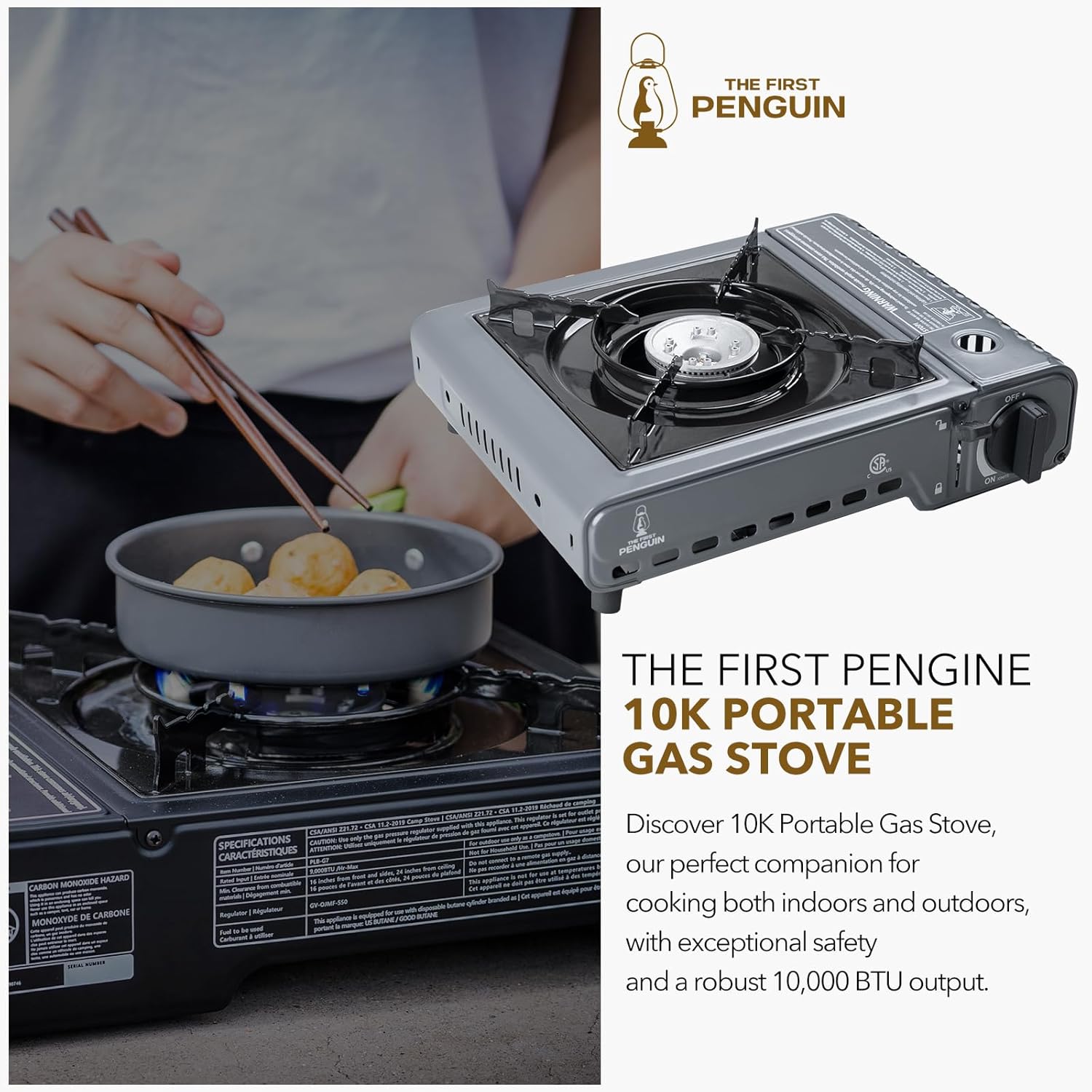 The First Penguin Portable Camping Stove - with Carrying Case 10,000 BTU Great for Emergency Preparedness Kit, High Power Butane Stove, Perfect for Camping, Hiking and Emergency-Grey